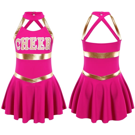 YONGHS Kids Girls Cheerleading Uniform Outfits Sleeveless Letters Printed Fancy Dress Hot Pink 14