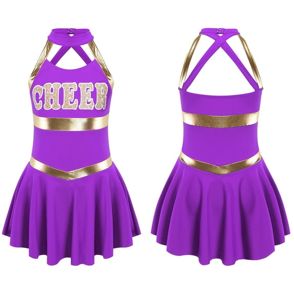 YONGHS Kids Girls Cheerleading Uniform Outfits Sleeveless Letters Printed Fancy Dress Purple 12
