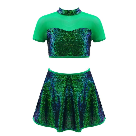 YONGHS Kids Girls Christmas Ballet Dance Outfits Sequins Dance Crop Tops with Skirt Performance Wear Green 6
