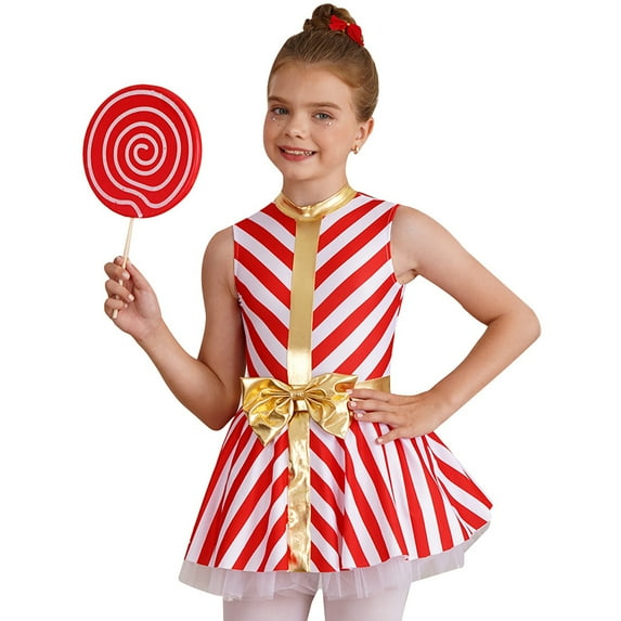 YONGHS Kids Girls Christmas Candy Cane Dance Costume Stripes Ballet Figure Skating Performance Leotard Dress Red 14