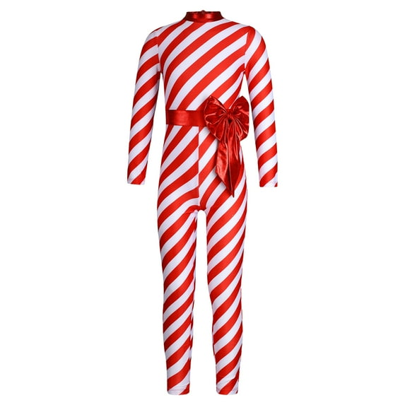 YONGHS Kids Girls Christmas Candy Cane Striped Costume Long Sleeve Gymnastics Unitard Jumpsuit Red 8