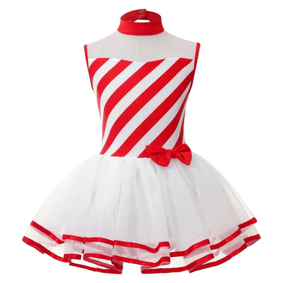 YONGHS Kids Girls Christmas Costumes Candy Cane Striped Dance Cheer Performance Leotard Dress Red 8