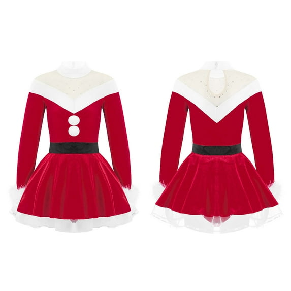 YONGHS Kids Girls Christmas Mrs Claus Costume Velvet Long Sleeve Ice Skating Dress 4-16