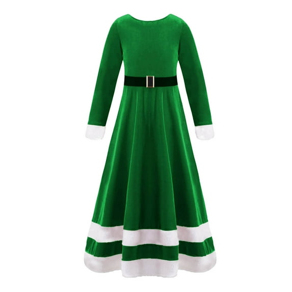 YONGHS Kids Girls Christmas Santa Mrs Claus Cosplay Costume Long Sleeve Velvet Xmas Party Maxi Dress Green 10