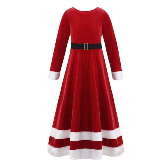 YONGHS Kids Girls Christmas Santa Mrs Claus Cosplay Costume Long Sleeve Velvet Xmas Party Maxi Dress Red 2