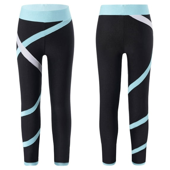 YONGHS Kids Girls Colorblock Close-fitting Stretchy Ice Skating Tights Leggings Training Competition Pants Light Blue 14