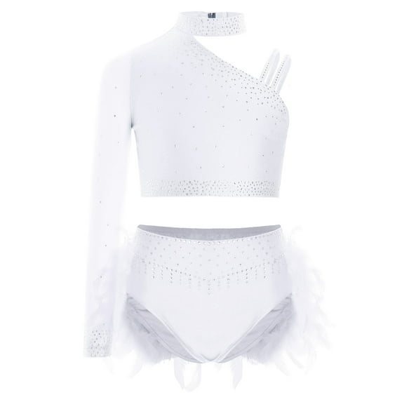 YONGHS Kids Girls Crop Top with Feather Briefs Modern Jazz Latin Dance Leotard Dress 2 Piece Ballet Dancewear White 12