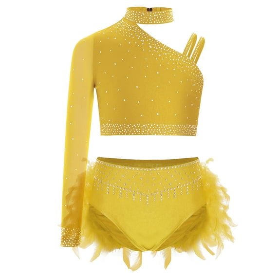 YONGHS Kids Girls Crop Top with Feather Briefs Modern Jazz Latin Dance Leotard Dress 2 Piece Ballet Dancewear Yellow 16