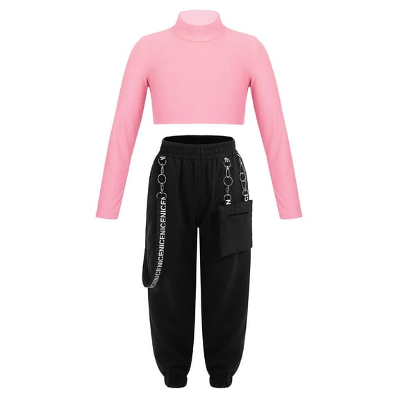 YONGHS Kids Girls Dance Athletics Outfits Long Sleeve Crop Tops with Cargo Pants Set Orange Pink 14