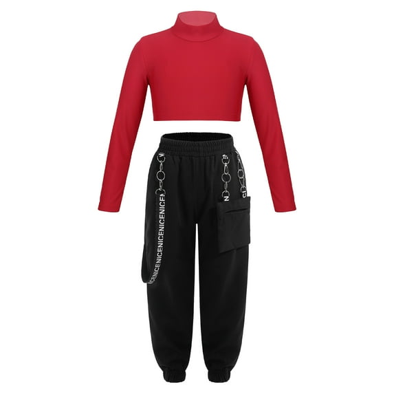 YONGHS Kids Girls Dance Athletics Outfits Long Sleeve Crop Tops with Cargo Pants Set Red 14