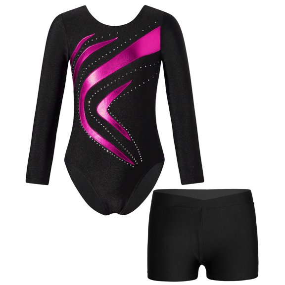 YONGHS Kids Girls Dance Sports Workout Unitard Biketard Gymnastics Leotard with Booty Shorts Tracksuit Hot Pink 10