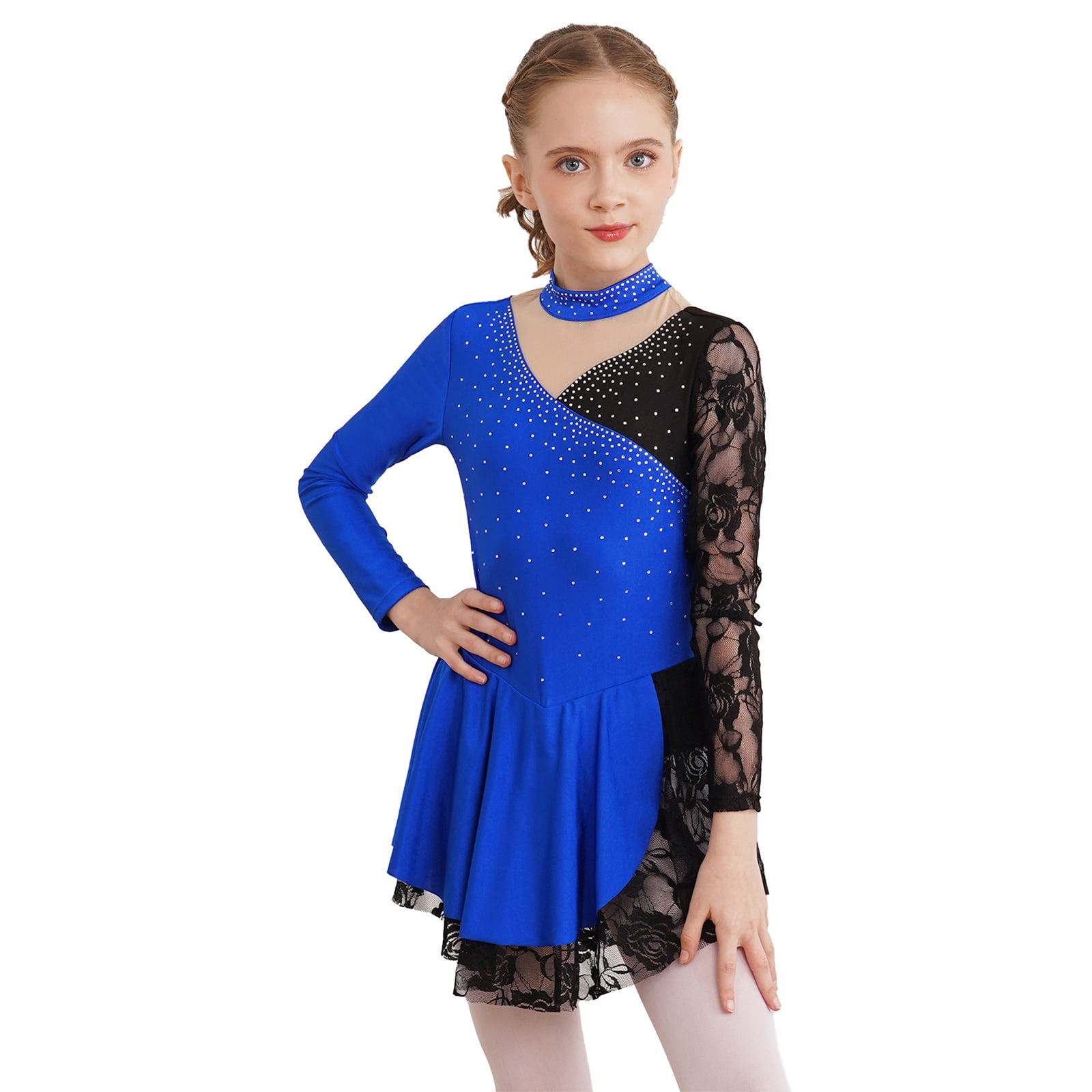 YONGHS Kids Girls Figure Ice Skating Dress Lace Long Sleeve Rhinestone ...