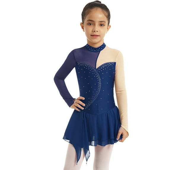 YONGHS Kids Girls Figure Ice Skating Dress Sequined Mesh Dance Leotard Navy Blue 12
