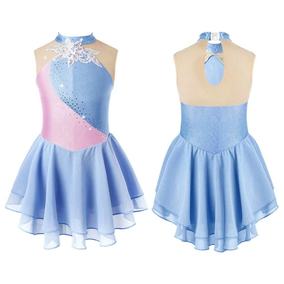 YONGHS Kids Girls Figure Ice Skating Sequin Dance Dress Sleeveless Mesh Tutu 6-16