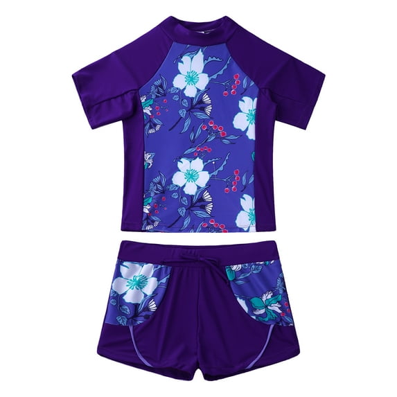YONGHS Kids Girls Floral 2 Pieces Rash Guard Short Sleeve Top with Shorts Swimsuit 4-16