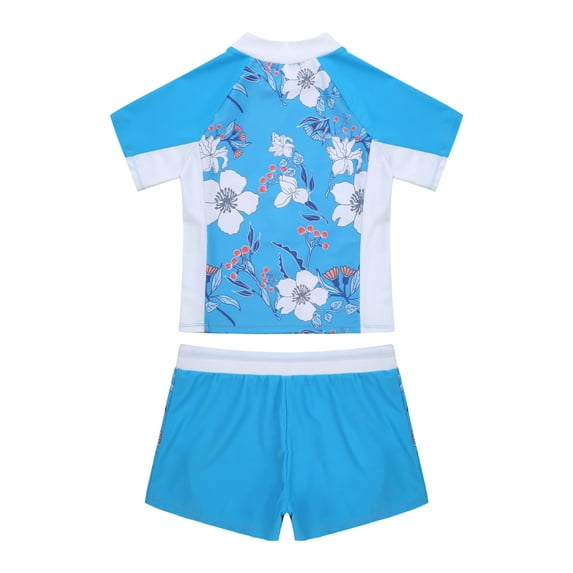 YONGHS Kids Girls Floral 2 Pieces Rash Guard Short Sleeve Top with Shorts Swimsuit 4-16