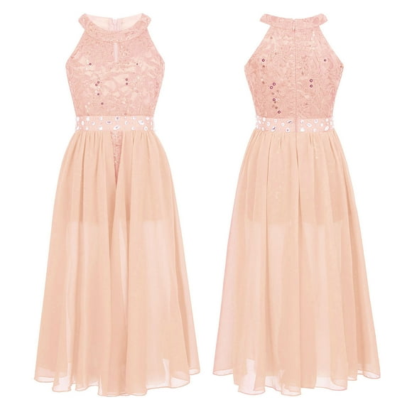 YONGHS Kids Girls Floral Lace Maxi Dress Wedding Birthday Party Formal Dance Romper Gown 4-12 Coral 6
