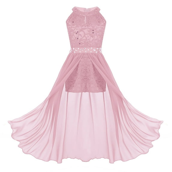 YONGHS Kids Girls Floral Lace Maxi Dress Wedding Birthday Party Formal Dance Romper Gown 4-12 Pink 10