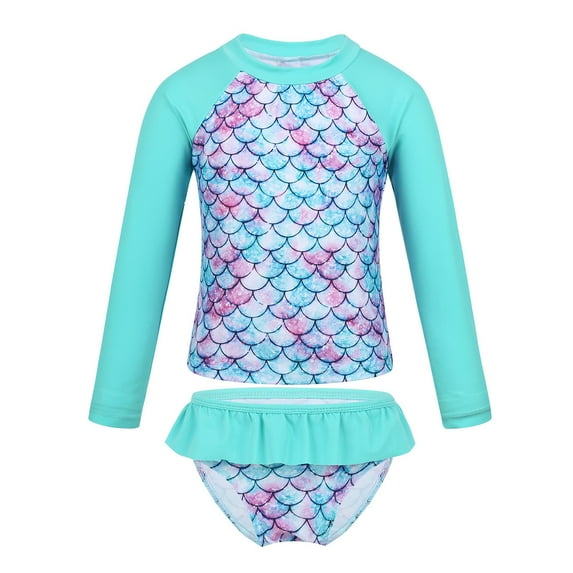 YONGHS Kids Girls Floral Print Tankini Set Long Sleeve Rashguard Shirts UPF 50+ Bathing Suit Cyan 8