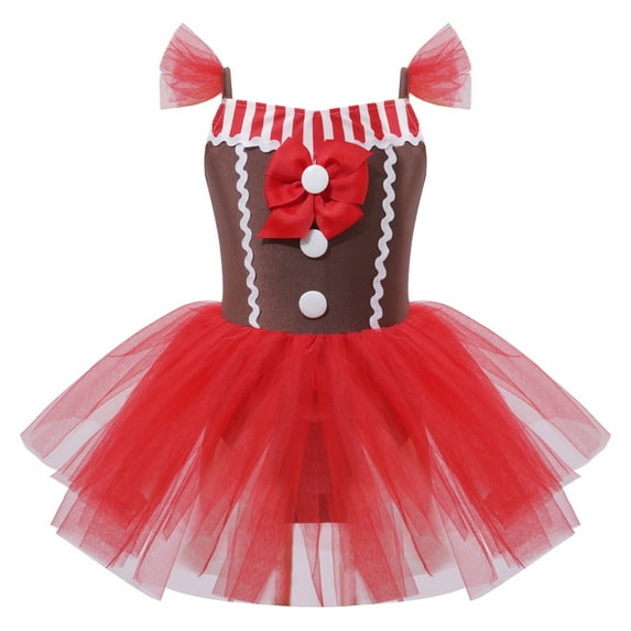 YONGHS Kids Girls Gingerbread Man Christmas Costume Sleeveless Ballet Dance Ice Skating Tutu Dress Red 3-4