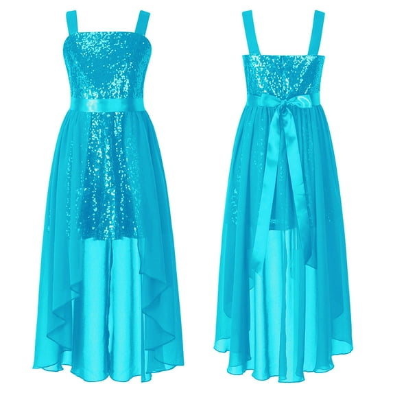 YONGHS Kids Girls Glitter Dress Evening Ball Party Gown 6-16 Turquoise 16