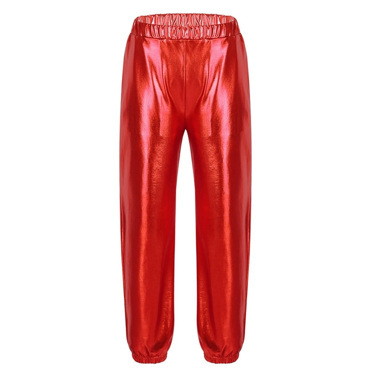 YONGHS Kids Girls Glossy Metallic Hip Hop Dance Pants Street Dance Trousers  6-16 Red 8