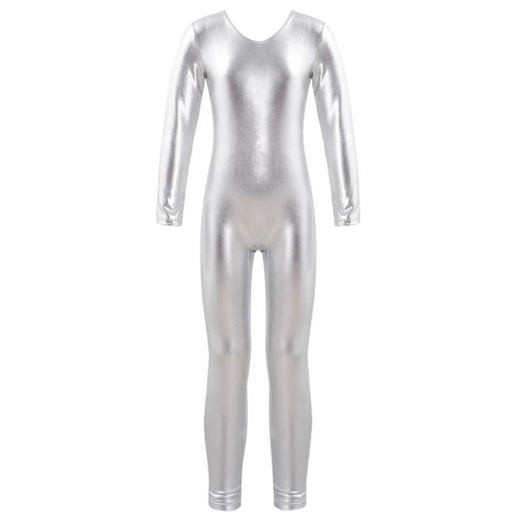 YONGHS Kids Girls Glossy Metallic Unitard Long Sleeve Bodysuit Ballet Dance Gymnastic Jumpsuit A Silver 12