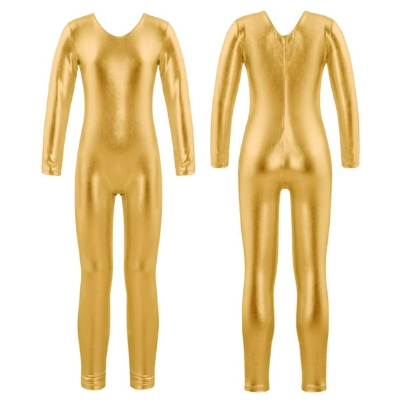 YONGHS Kids Girls Glossy Metallic Unitard Long Sleeve Bodysuit Ballet Dance Gymnastic Jumpsuit Gold 12