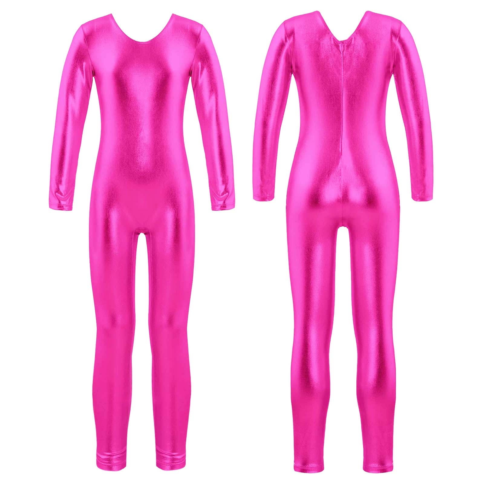 YONGHS Kids Girls Glossy Metallic Unitard Long Sleeve Bodysuit Ballet Dance  Gymnastic Jumpsuit Hot Pink 10