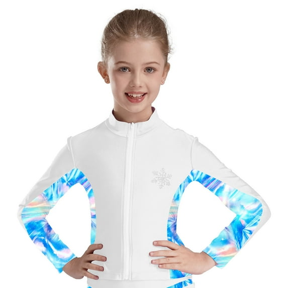 YONGHS Kids Girls Gym Workout Athletic Sport Jacket Figure Ice Skating Long Sleeve Zipper Top Coat White 16