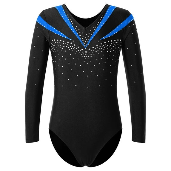 YONGHS Kids Girls Gymnastic Leotard Rhinestone Long Sleeve Ballet Dance One Piece Unitard Bodysuit Blue 8