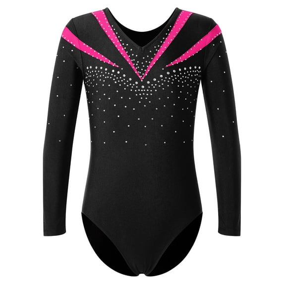 YONGHS Kids Girls Gymnastic Leotard Rhinestone Long Sleeve Ballet Dance One Piece Unitard Bodysuit Hot Pink 12