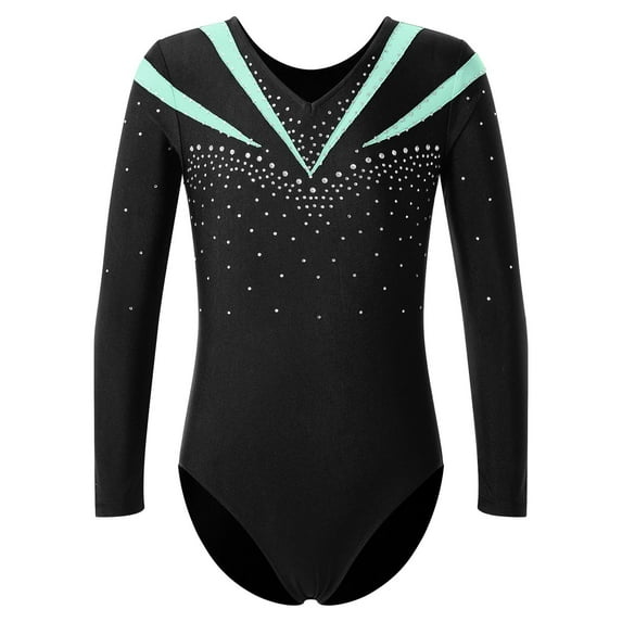 YONGHS Kids Girls Gymnastic Leotard Rhinestone Long Sleeve Ballet Dance One Piece Unitard Bodysuit Light Green 14