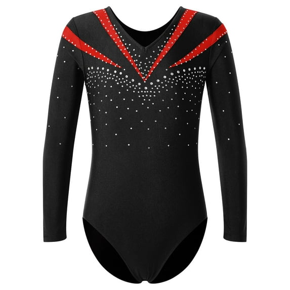 YONGHS Kids Girls Gymnastic Leotard Rhinestone Long Sleeve Ballet Dance One Piece Unitard Bodysuit Red 16