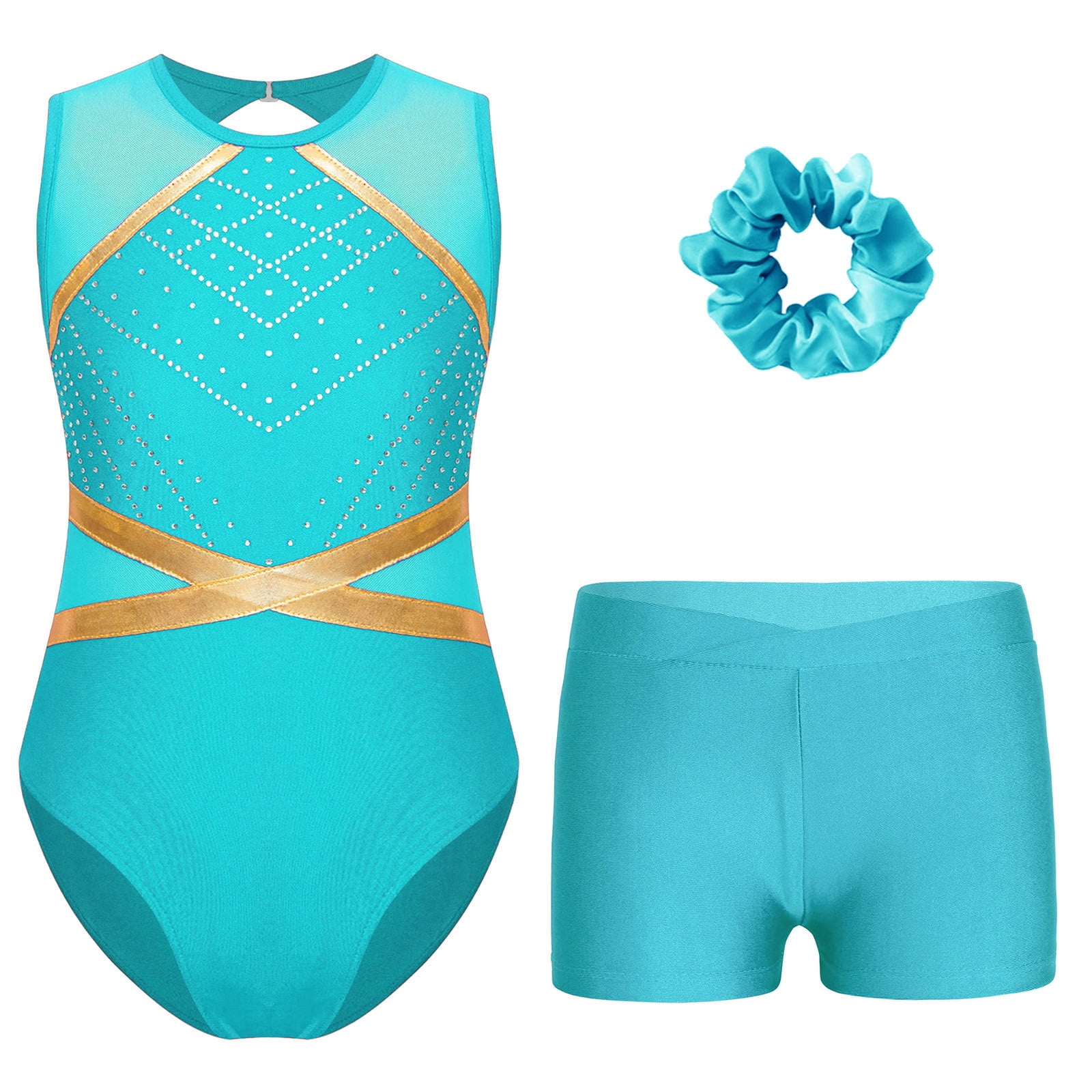 Girls Three-Piece Gymnastics Leotards, Long Sleeve Gymnastics Set With Shorts And Hairband, Sparkling Ballet Dancing Unitards