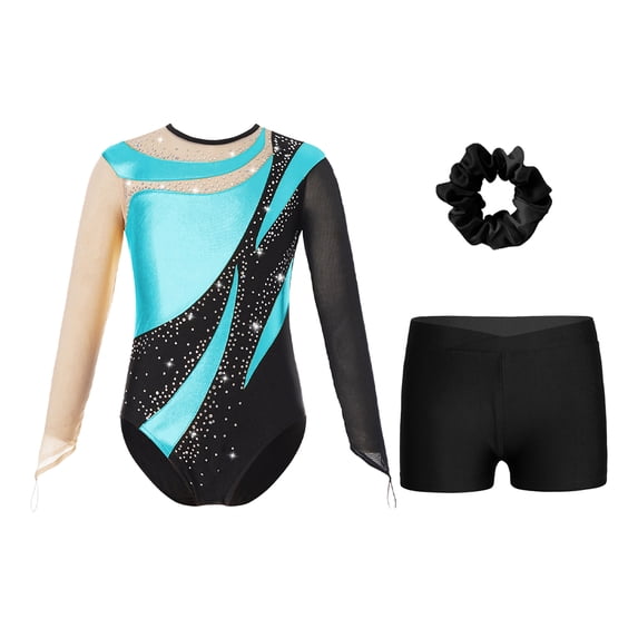 YONGHS Kids Girls Gymnastics Bodysuit with Shorts Hair Scrunchie Set Ballet Dance Leotard Unitards Lake Blue 14