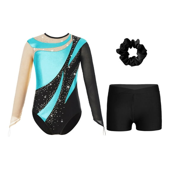 YONGHS Kids Girls Gymnastics Bodysuit with Shorts Hair Scrunchie Set Ballet Dance Leotard Unitards Lake Blue 8