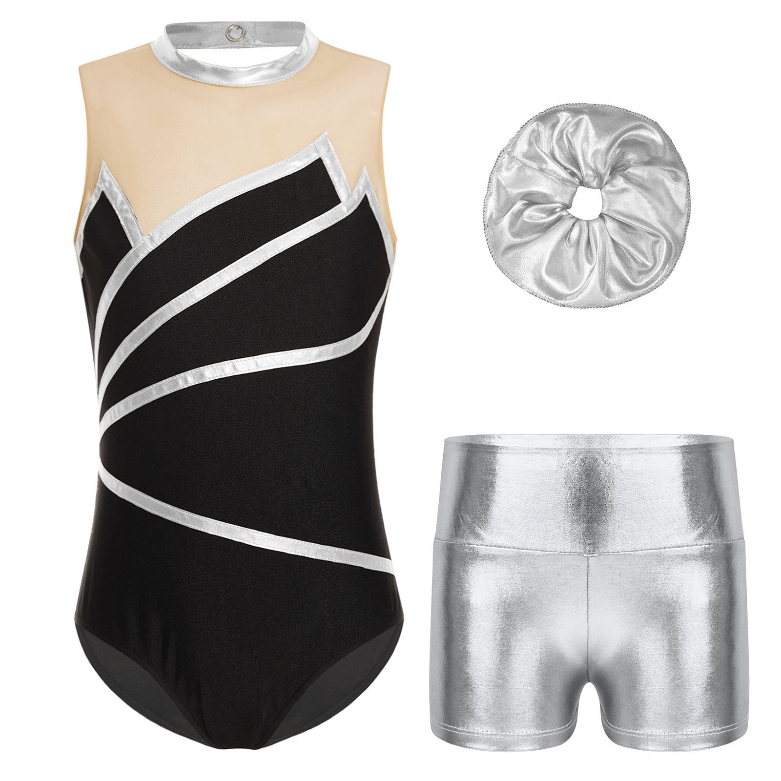 Girls Three-Piece Gymnastics Leotards, Long Sleeve Gymnastics Set With Shorts And Hairband, Sparkling Ballet Dancing Unitards