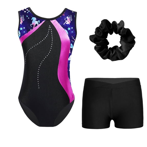 YONGHS Kids Girls Gymnastics Leotards Sleeveless Dance Unitards and Active Shorts Hair Band Set Hot Pink&Black 12
