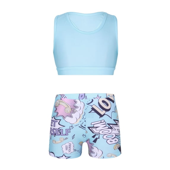 YONGHS Kids Girls Gymnastics Sports Outfits Racer Back Crop Top Booty Shorts Set Pop Art Blue 10-12