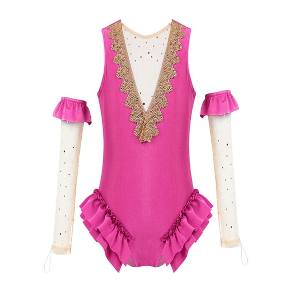 YONGHS Kids Girls Halloween Circus Ringmater Trapeze Show Costume Sleeveless Leotard with Arm Sleeves 3-14 A Rose Red 3