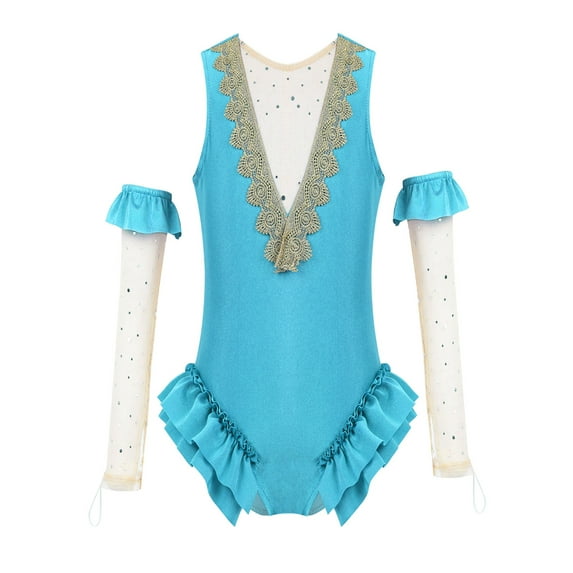 YONGHS Kids Girls Halloween Circus Ringmater Trapeze Show Costume Sleeveless Leotard with Arm Sleeves 3-14 Lake Green 14