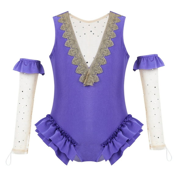 YONGHS Kids Girls Halloween Circus Ringmater Trapeze Show Costume Sleeveless Leotard with Arm Sleeves 3-14 Lavender 3
