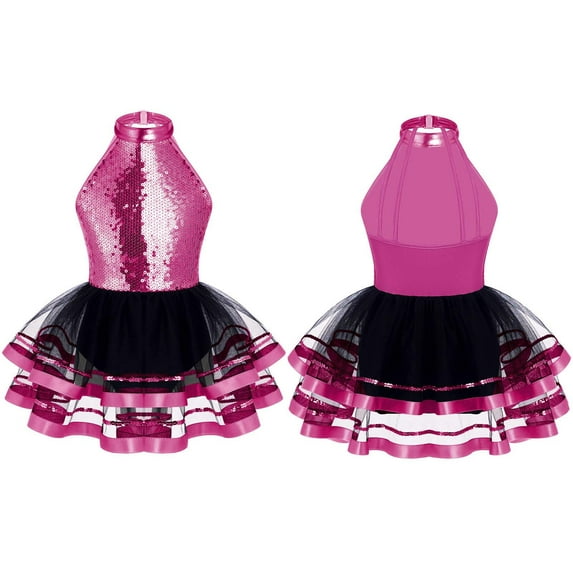 YONGHS Kids Girls Halter Neck Sequins Mesh Tutu Dress Gymnastic Leotard Dancewear 4-16 Rose 6