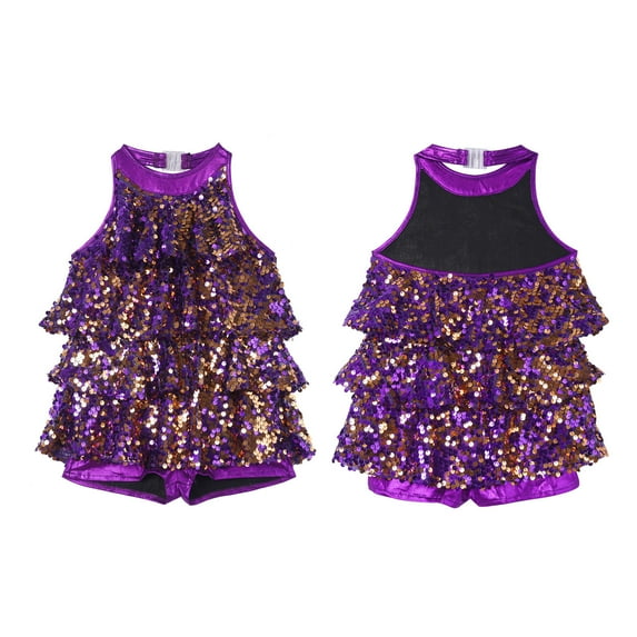 YONGHS Kids Girls Halter Shiny Ballet Leotard Dress Latin Tango Jazz Dancewear 4-16 Purple 4