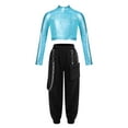 thumbnail image 1 of YONGHS Kids Girls Hip Hop Dance Costume Outfits Long Sleeve Sequin Crop Top with Cargo Pants Set Blue 12, 1 of 5