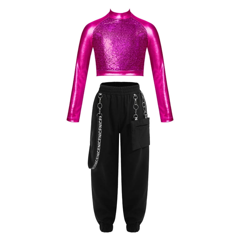 YONGHS Kids Girls Hip Hop Dance Costume Outfits Long Sleeve Sequin Crop Top  with Cargo Pants Set Hot Pink 10 