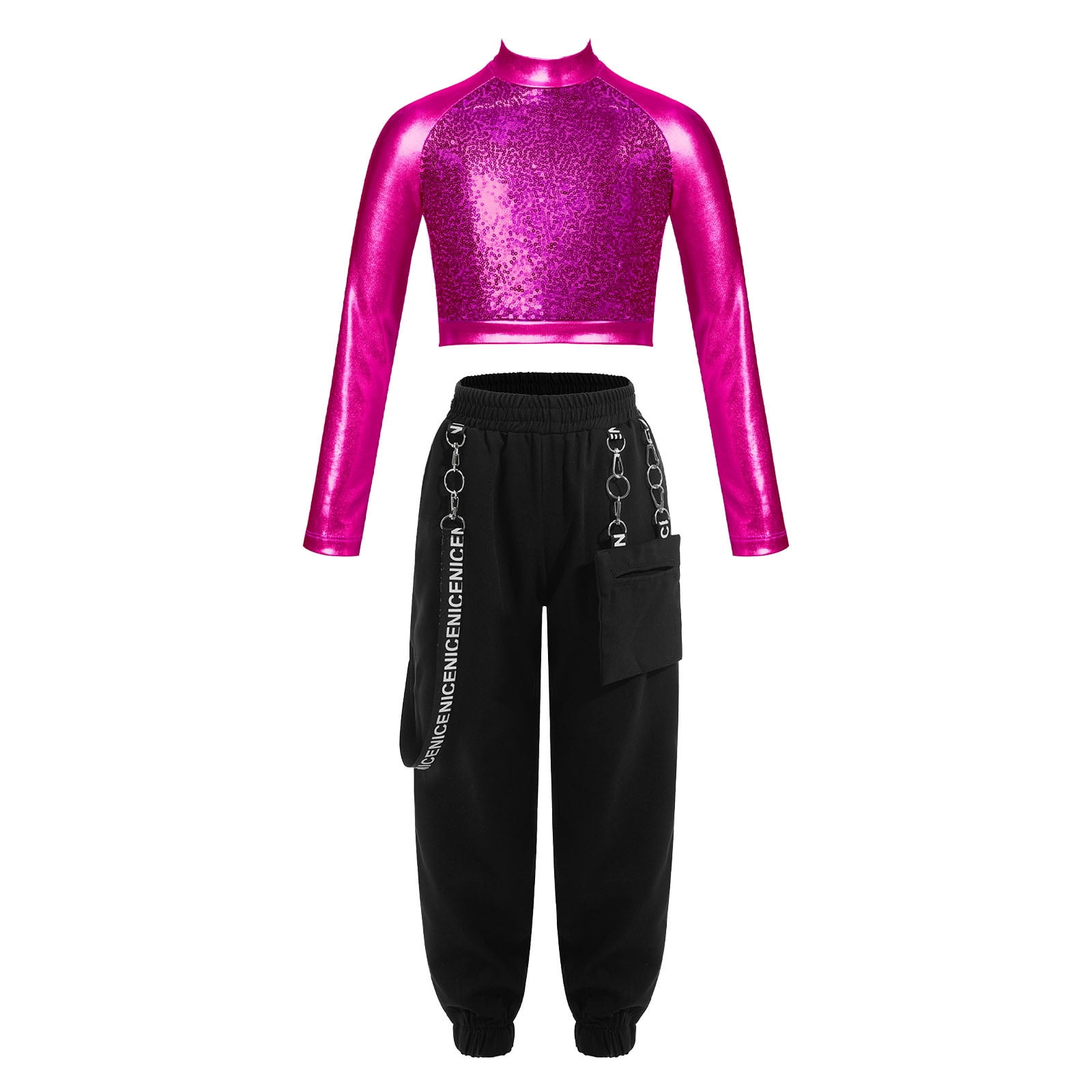 YONGHS Kids Girls Hip Hop Dance Costume Outfits Long Sleeve Sequin Crop Top  with Cargo Pants Set Hot Pink 16 - Walmart.com, image size:1600x1600