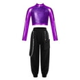 thumbnail image 1 of YONGHS Kids Girls Hip Hop Dance Costume Outfits Long Sleeve Sequin Crop Top with Cargo Pants Set Purple 16, 1 of 5