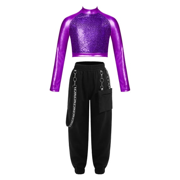 YONGHS Kids Girls Hip Hop Dance Costume Outfits Long Sleeve Sequin Crop Top with Cargo Pants Set Purple 16